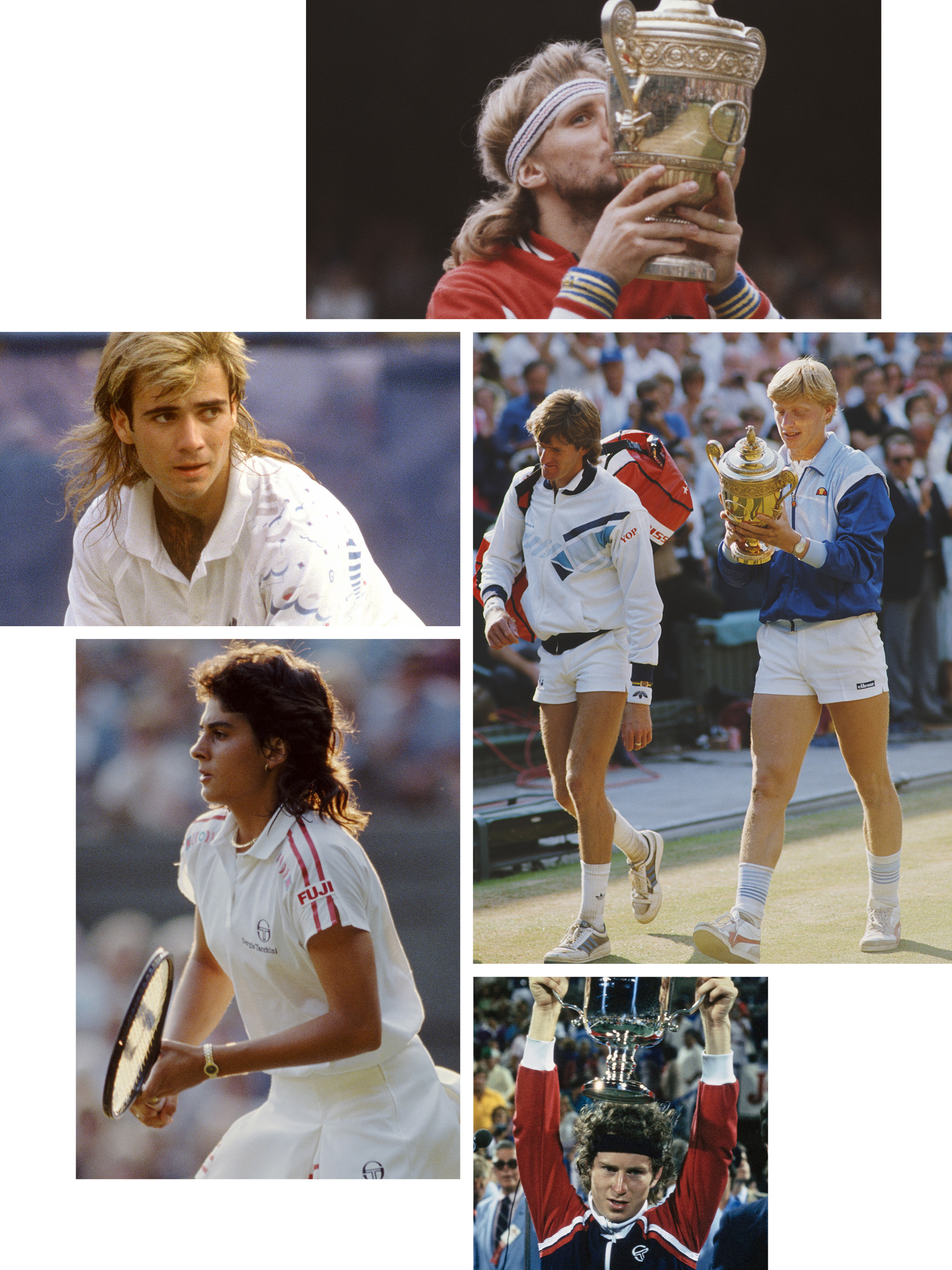 A collage featuring images of Andre Agassi, Bjorn Borg, John McEnroe, Gabriela Sabatini, and Boris Becker playing tennis.