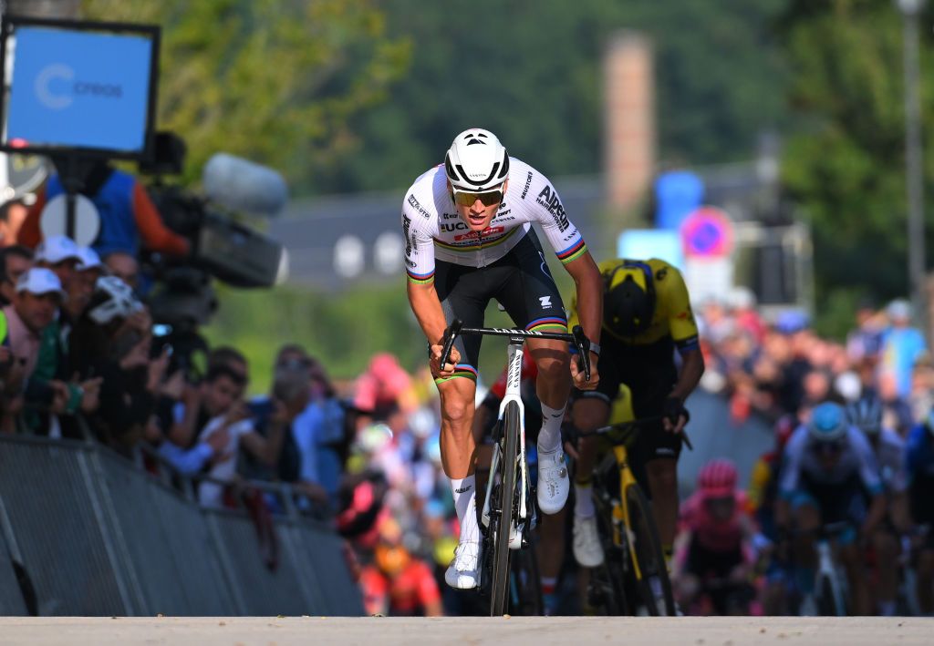 LUXEMBOURG LUXEMBOURG SEPTEMBER 18 Mathieu Van Der Poel of The Netherlands and Team AlpecinDeceuninck sprints at finish line to win during the 84th Tour de Luxembourg 2024 Stage 1 a 158km stage from Luxembourg to Luxembourg 288m UCIWT on September 18 2024 in Luxembourg Luxembourg Photo by Tim de WaeleGetty Images