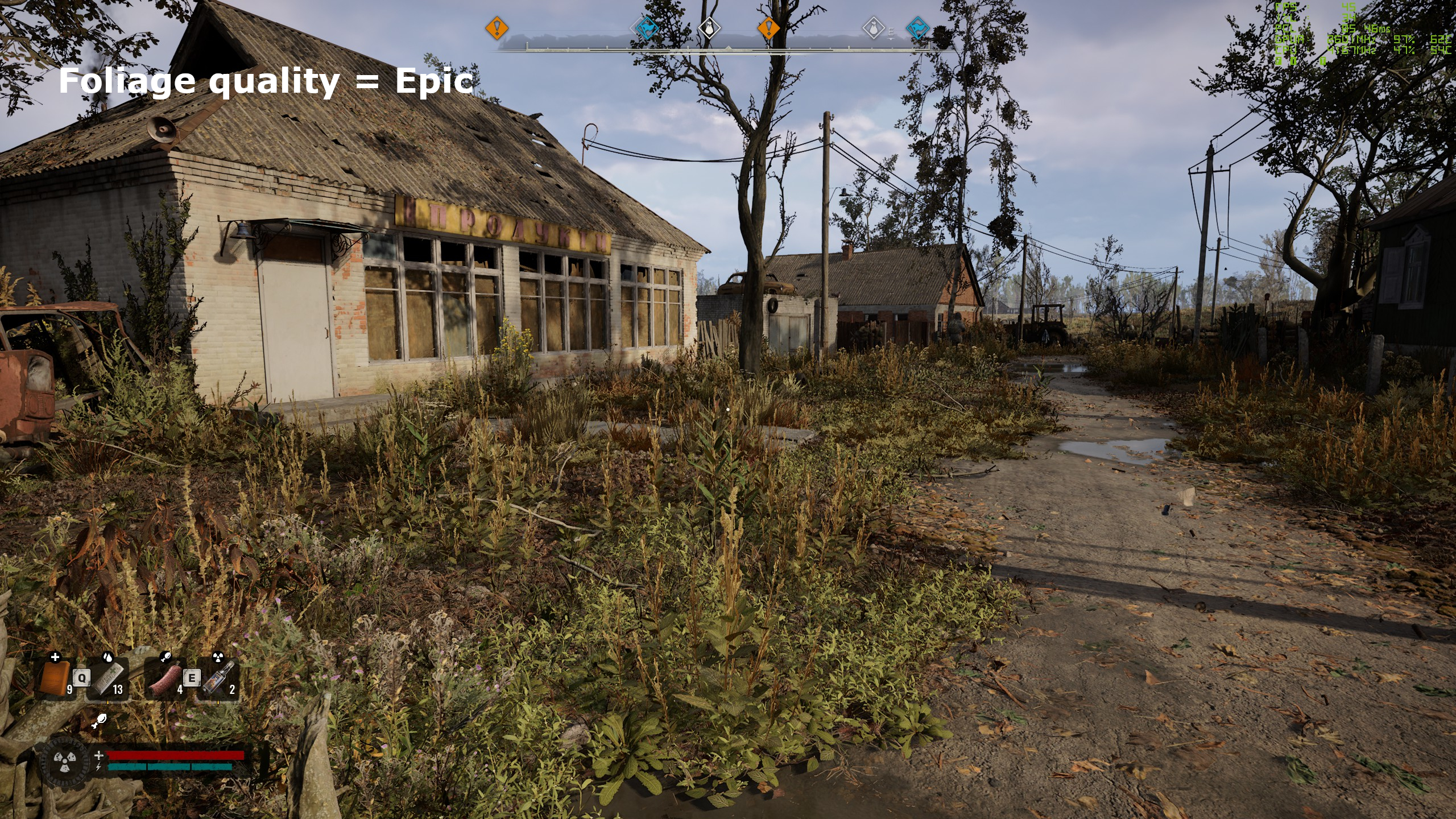 A screenshot of Stalker 2: Heart of Chornobyl, showing the impact of foliage quality settings