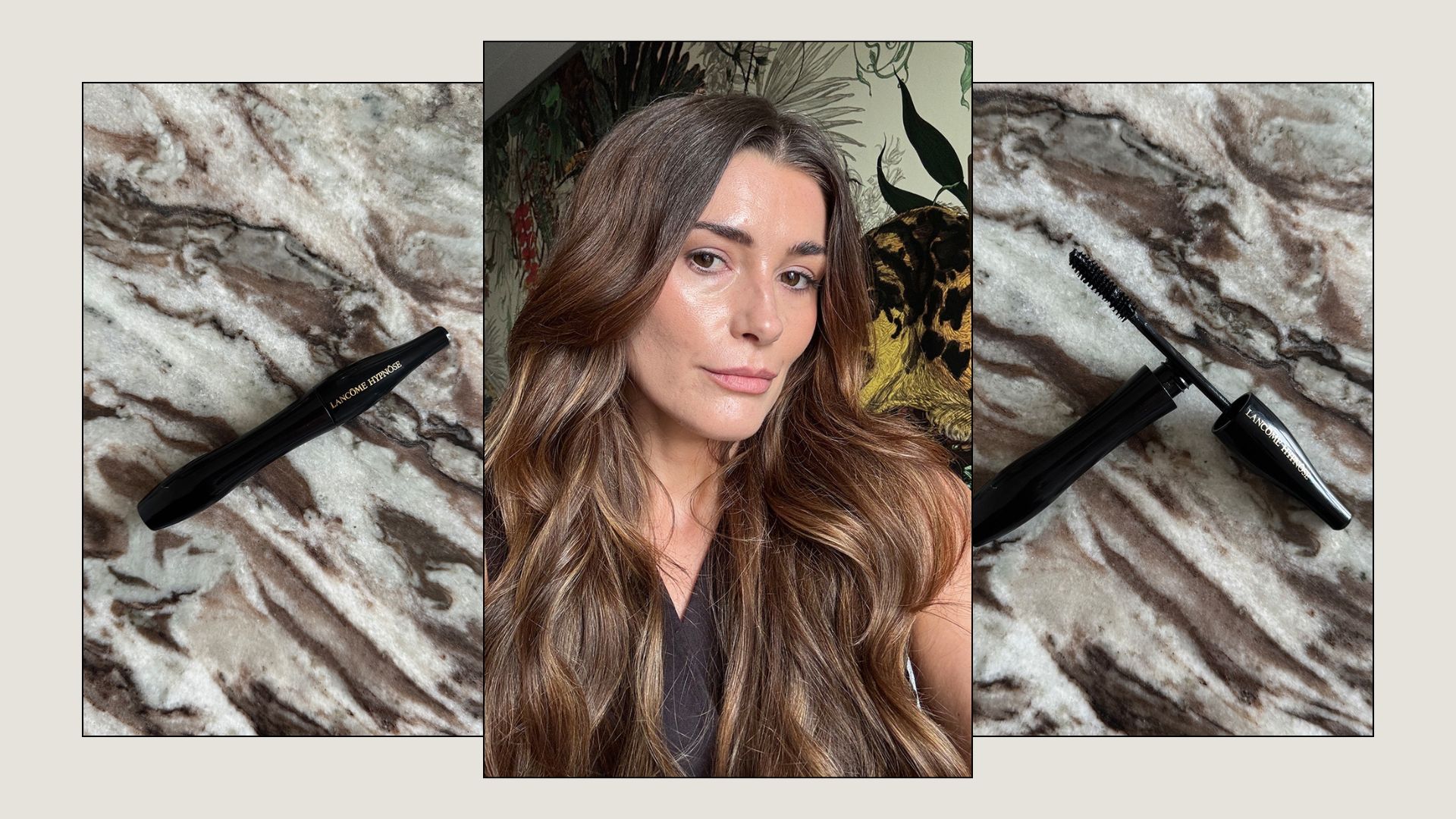 A collage with pictures of the Lancome hypnose mascara tube and wand, and a selfie of beauty editor Eleanor Vousden wearing the mascara on her eyelashes