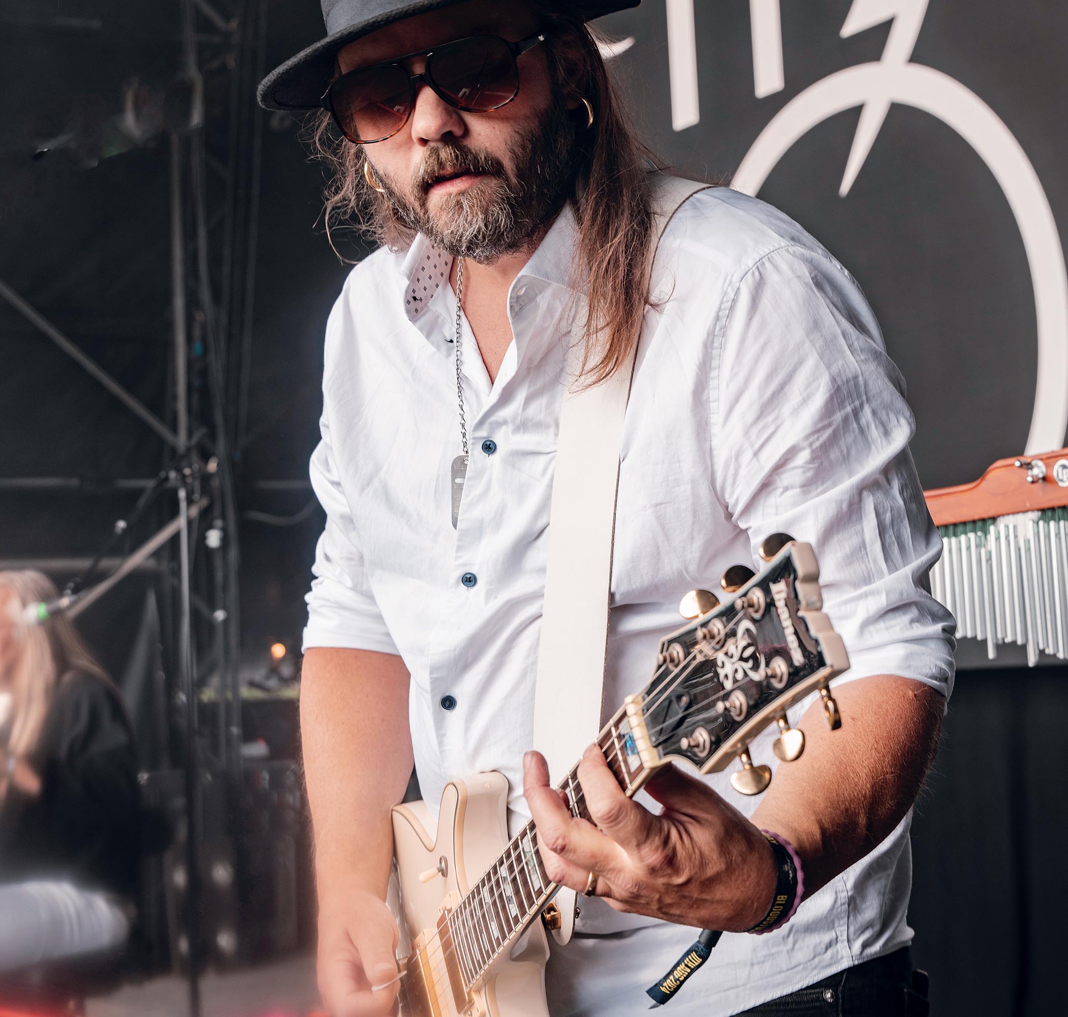 Sebastian Forslund of the Night Flight Orchestra plays a cream Ibanez doublecut: “I’m a big Ibanez Artist fan,” he says. “I’ve been collecting them over the years and have some rare finishes”
