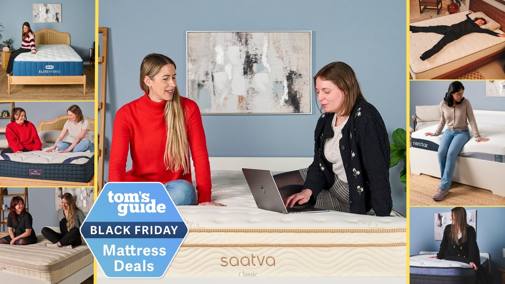 A collage of images showing the Tom&#039;s Guide expert mattress testing team trying the best mattresses of the year and searching for Black Friday mattress deals