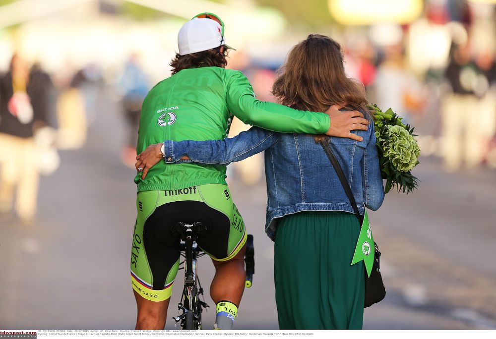 Peter Sagan and his girlfriend, Katarina Smolkova, leave the 2015 Tour de France behind.