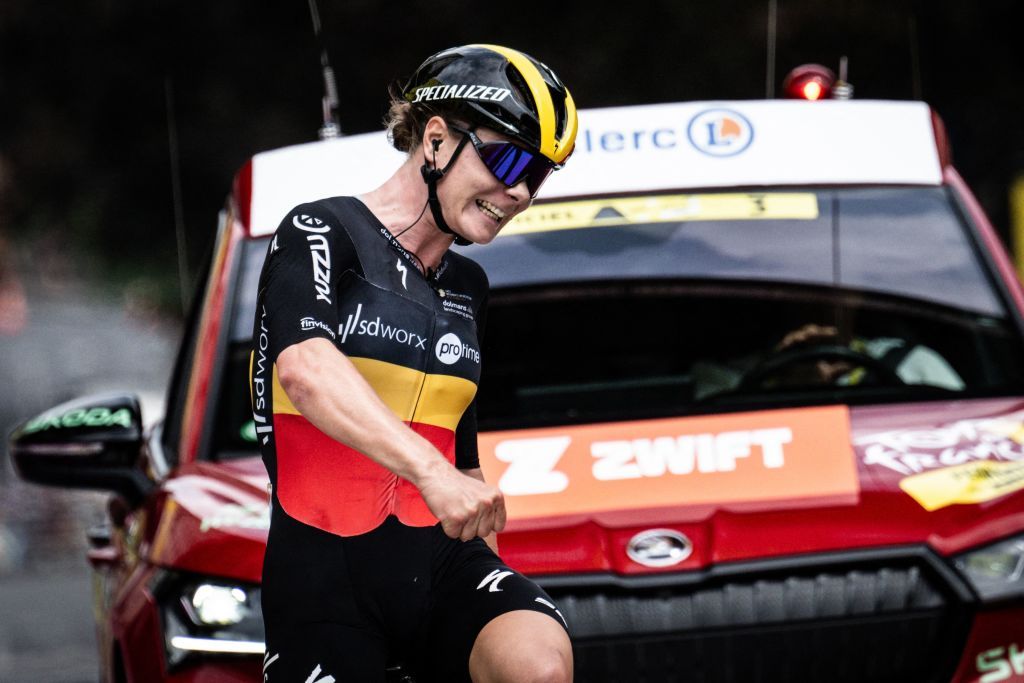 Team SD Worxs Belgian rider Lotte Kopecky reacts as she crosses the finish line to win the first stage out of 8 of the second edition of the Womens Tour de France cycling race 124 km around ClermontFerrand in the PuydeDome department of central France on July 23 2023 Photo by Jeff PACHOUD AFP Photo by JEFF PACHOUDAFP via Getty Images