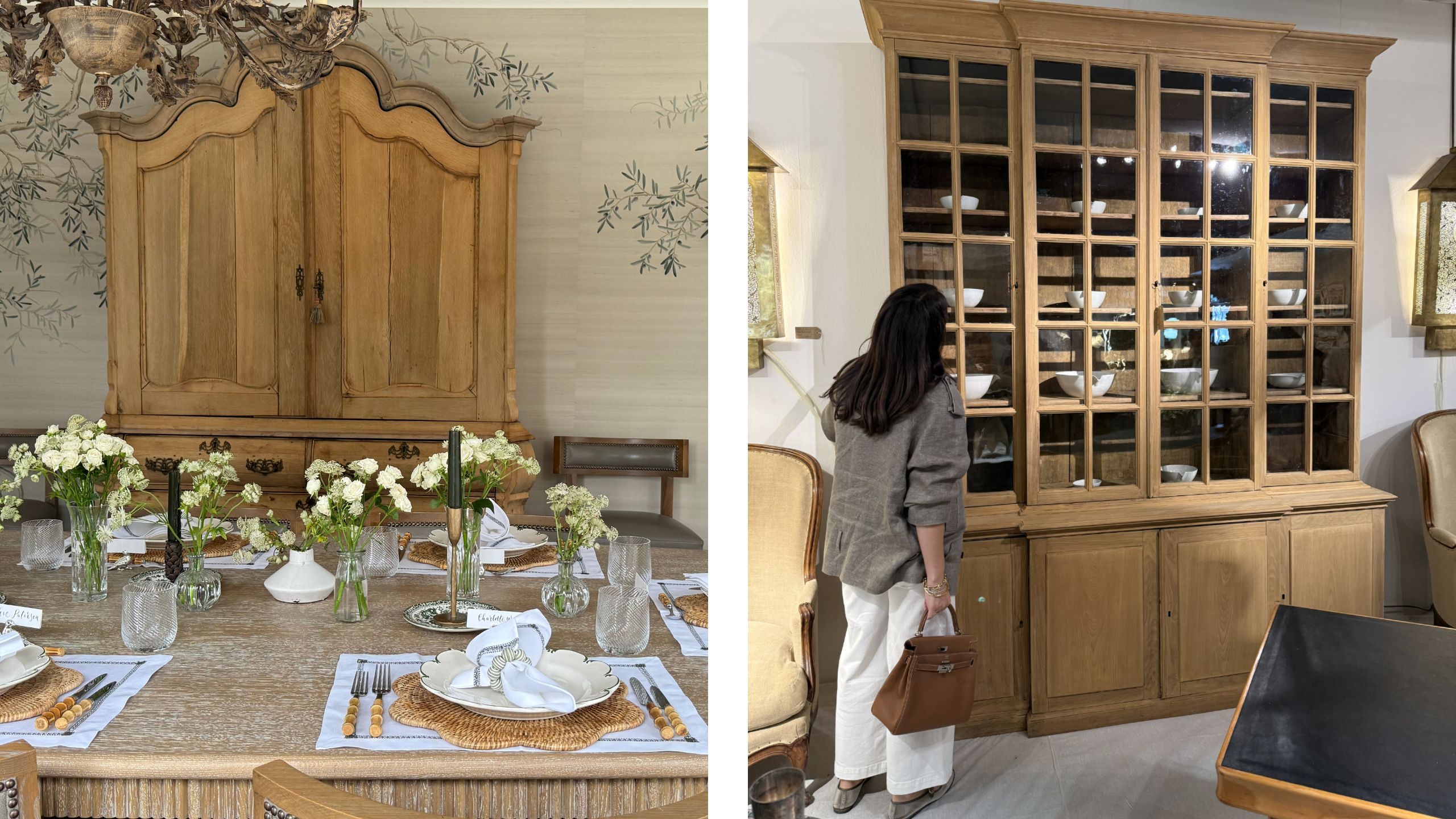 Two images, one showing wooden antiques dresser behind table decorated with flowers and tableware. Second image showing Sophie Paterson looking at antique wooden dresser in a store