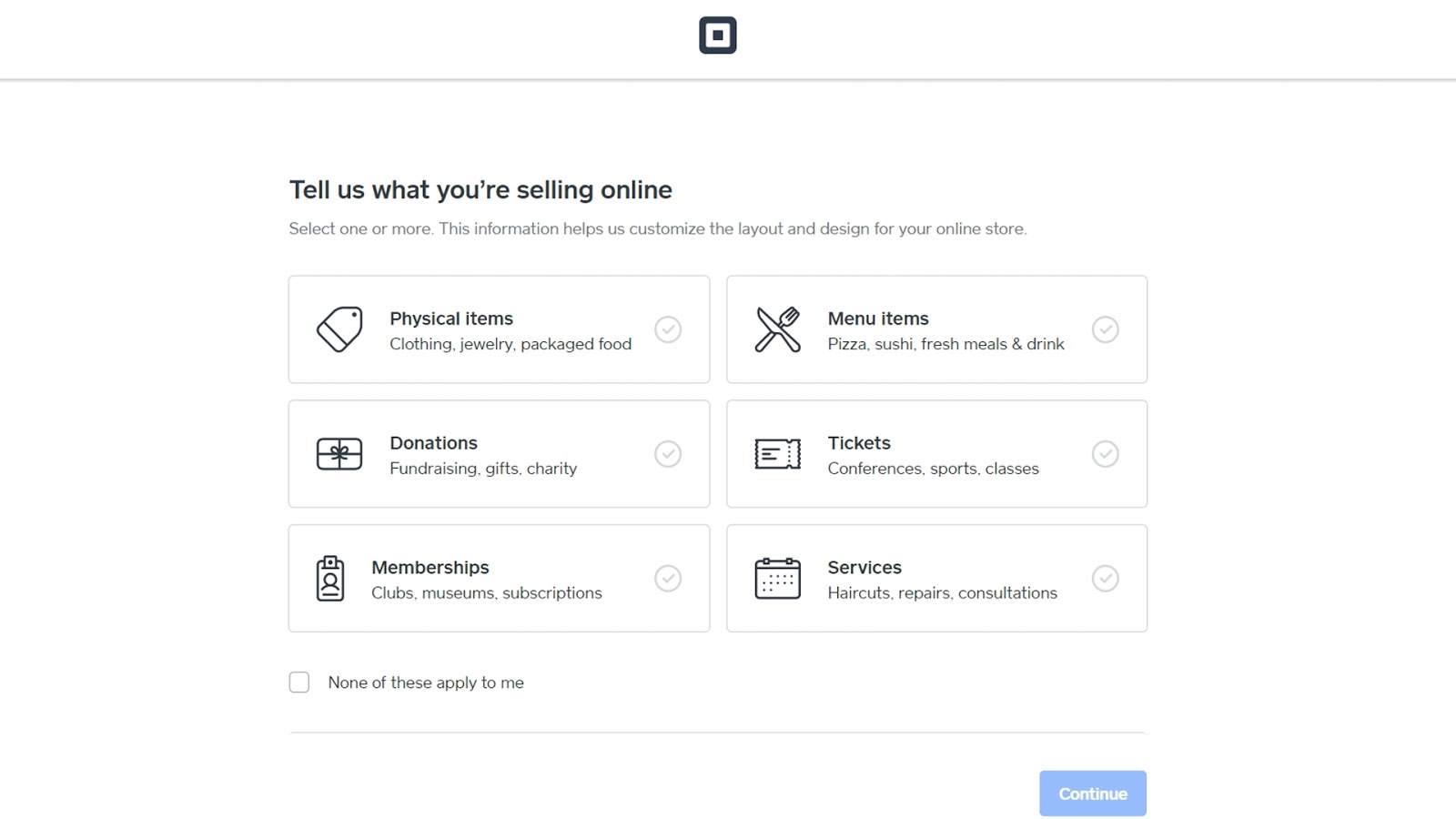 Square's website builder options page for website categories