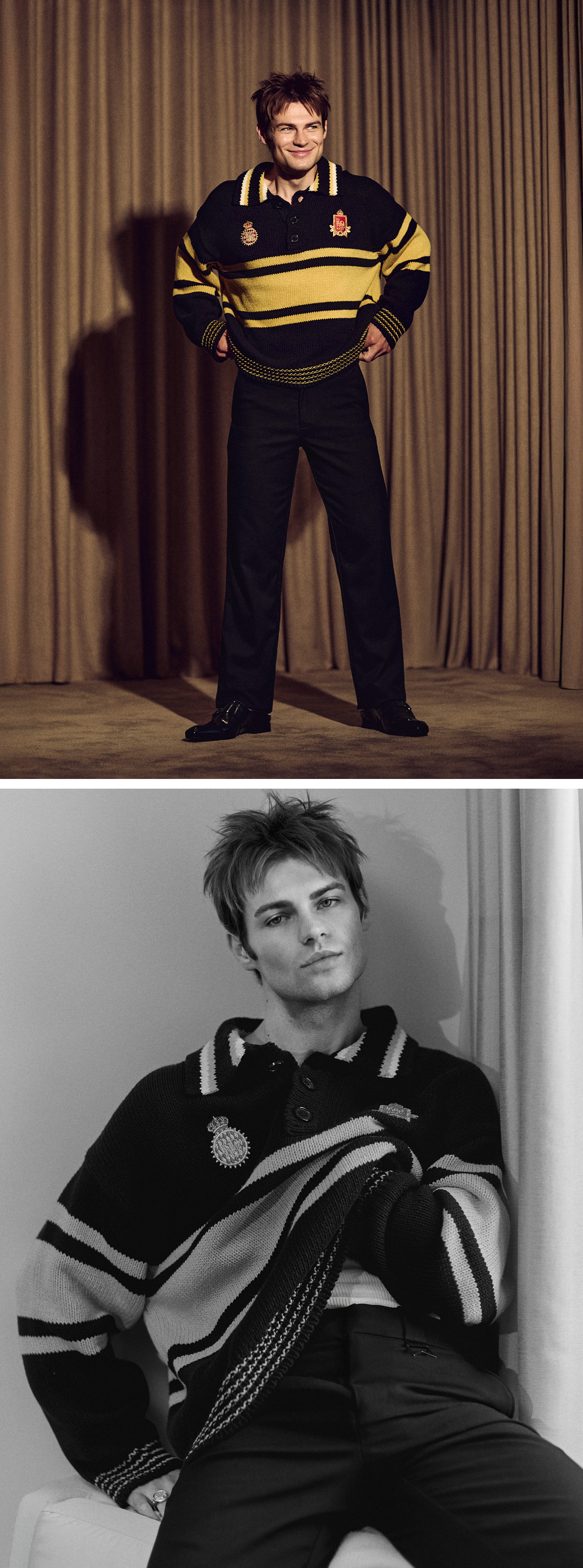Collage of My Life With the Walter Boys actor Noah LaLonde. He is wearing a black and yellow stripe sweater with black pants.