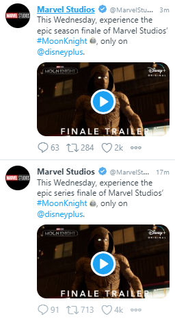 A screenshot of two Marvel Studios tweets suggesting Moon Knight could get a second season on Disney Plus