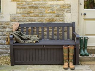 Outdoor storage boxes Robert Dyas Keter bench storage box with a pair of wellies