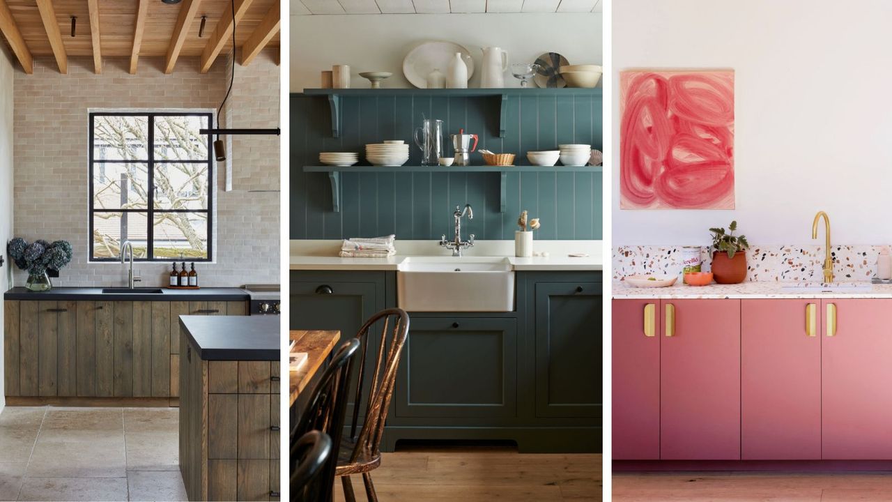 three images showing kitchens made from different cabinet materials 