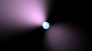 Artist's concept of a pulsar. There is a small blue sphere in the center with light pulsing out from the NW and SE areas of the pulsar.