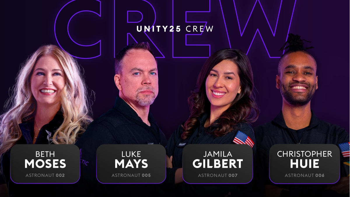 A graphic showing the four people who will fly on Virgin Galactic's Unity 25 launch with their astronaut numbers.