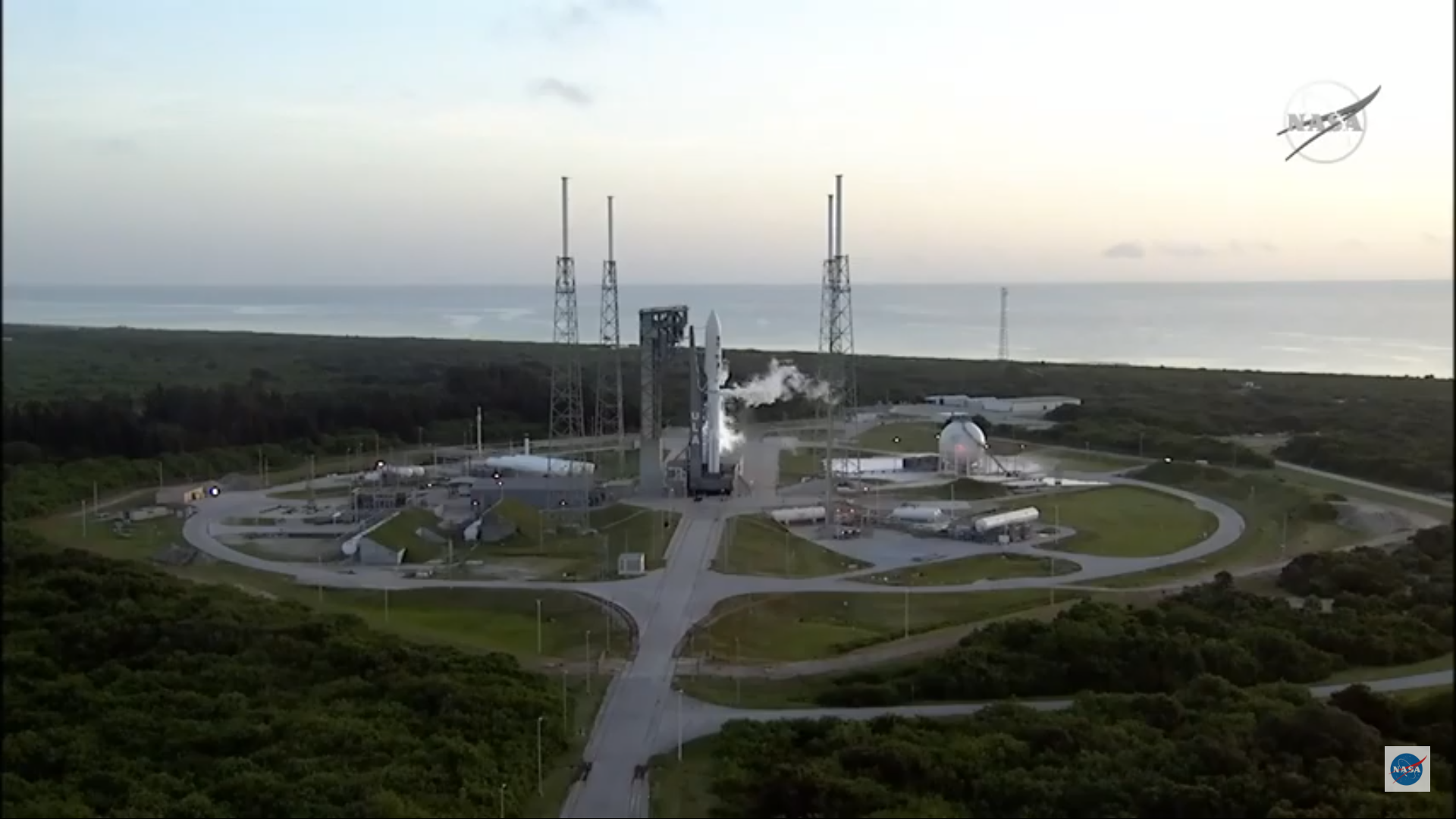 A view of the United Launch Alliance Atlas V rocket holding the massive Mars rover Perseverance on the launch pad in Florida, as seen about one hour before the launch window opened on July 30, 2020.