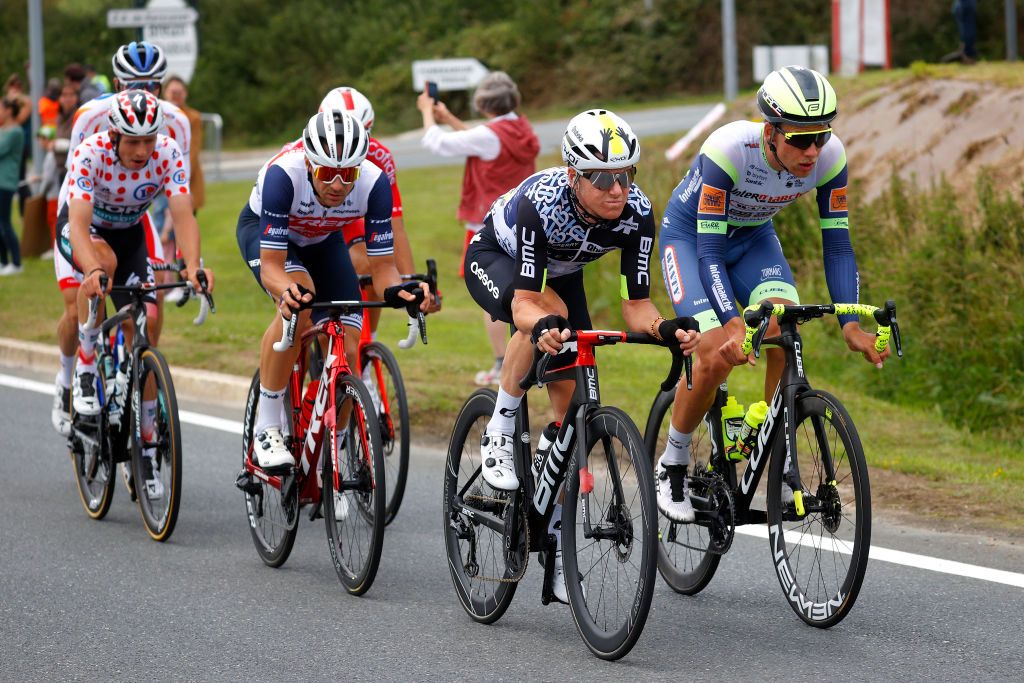 MRDEBRETAGNE GUERLDAN FRANCE JUNE 27 Edward Theuns of Belgium and Team Trek Segafredo Ide Schelling of The Netherlands and Team BORA Hansgrohe Polka Dot Mountain Jersey Anthony Perez of France and Team Cofidis Simon Clarke of Australia and Team Qhubeka NextHash Jrmy Cabot of France and Team Team TotalEnergies Jonas Koch of Germany and Team Intermarch Wanty Gobert Matriaux in breakaway during the 108th Tour de France 2021 Stage 2 a 1835km stage from PerrosGuirec to MrdeBretagne Guerldan 293m LeTour TDF2021 on June 27 2021 in MrdeBretagne Guerldan France Photo by Chris GraythenGetty Images