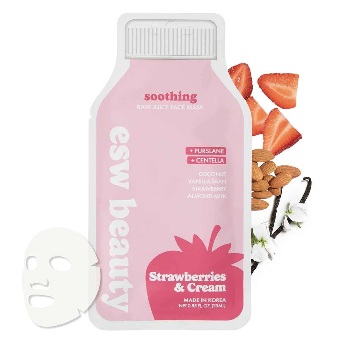 Esw Beauty Strawberries &amp;amp; Cream Sheet Mask - Raw Juice Hydrating Face Mask - Calming With Coconut, Vanilla Bean, Almond Milk &amp;amp; Strawberry for Sensitive Skin - Reduces Redness &amp;amp; Nourishes