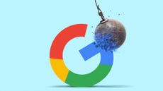 Illustration of a wrecking ball smashing the Google G icon