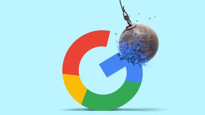 Illustration of a wrecking ball smashing the Google G icon