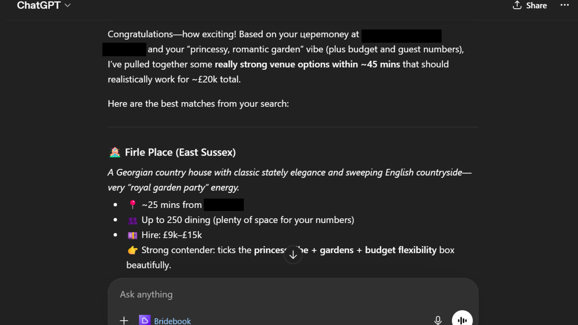 ChatGPT's response to my prompt suggesting Firle Place