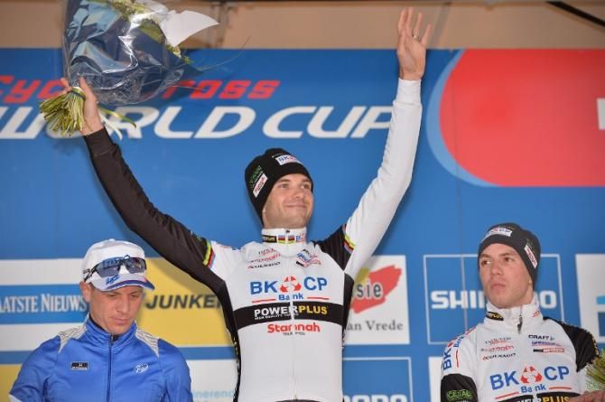 Frenchman Francis Mourey (2nd), Belgian Niels Albert (1st) and German Philipp Walsleben (3rd) celebrate on the podium