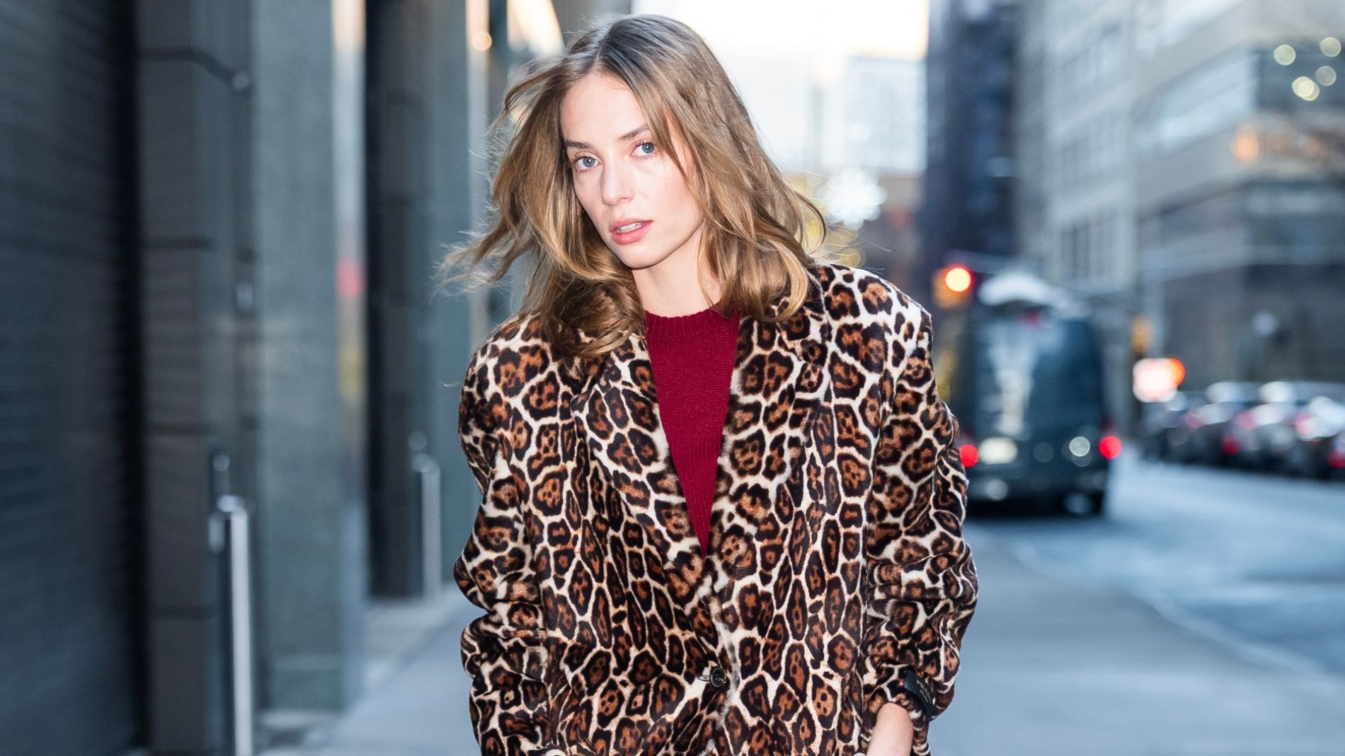 Maya Hawke wears a leopard coat in NYC