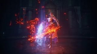 Elden Ring DLC boss Rellana with twin swords of magic and flame