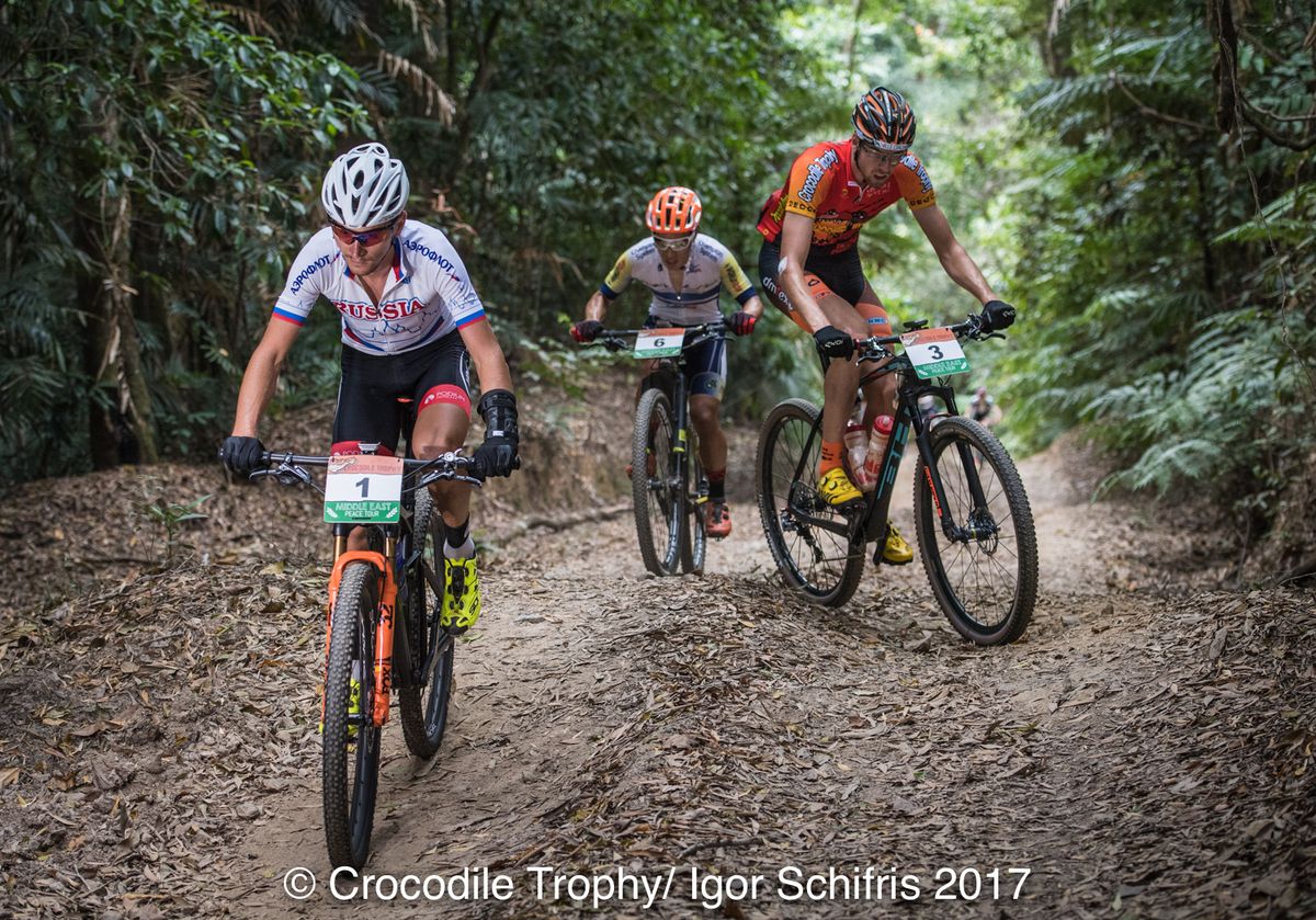 Anton Sintsov, left and Leandre Bouchard, right, in Croc leader's jersey