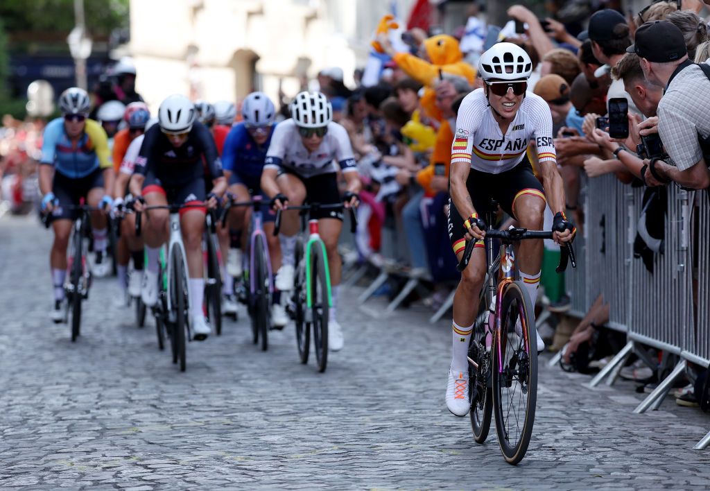 PARIS FRANCE AUGUST 04 Margarita Victoria Garcia of Team Spain compete in the breakaway during the Womens Road Race on day nine of the Olympic Games Paris 2024 at Trocadero on August 04 2024 in Paris France Photo by Alex BroadwayGetty Images