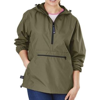 khaki waterproof jacket with hood and half-zip