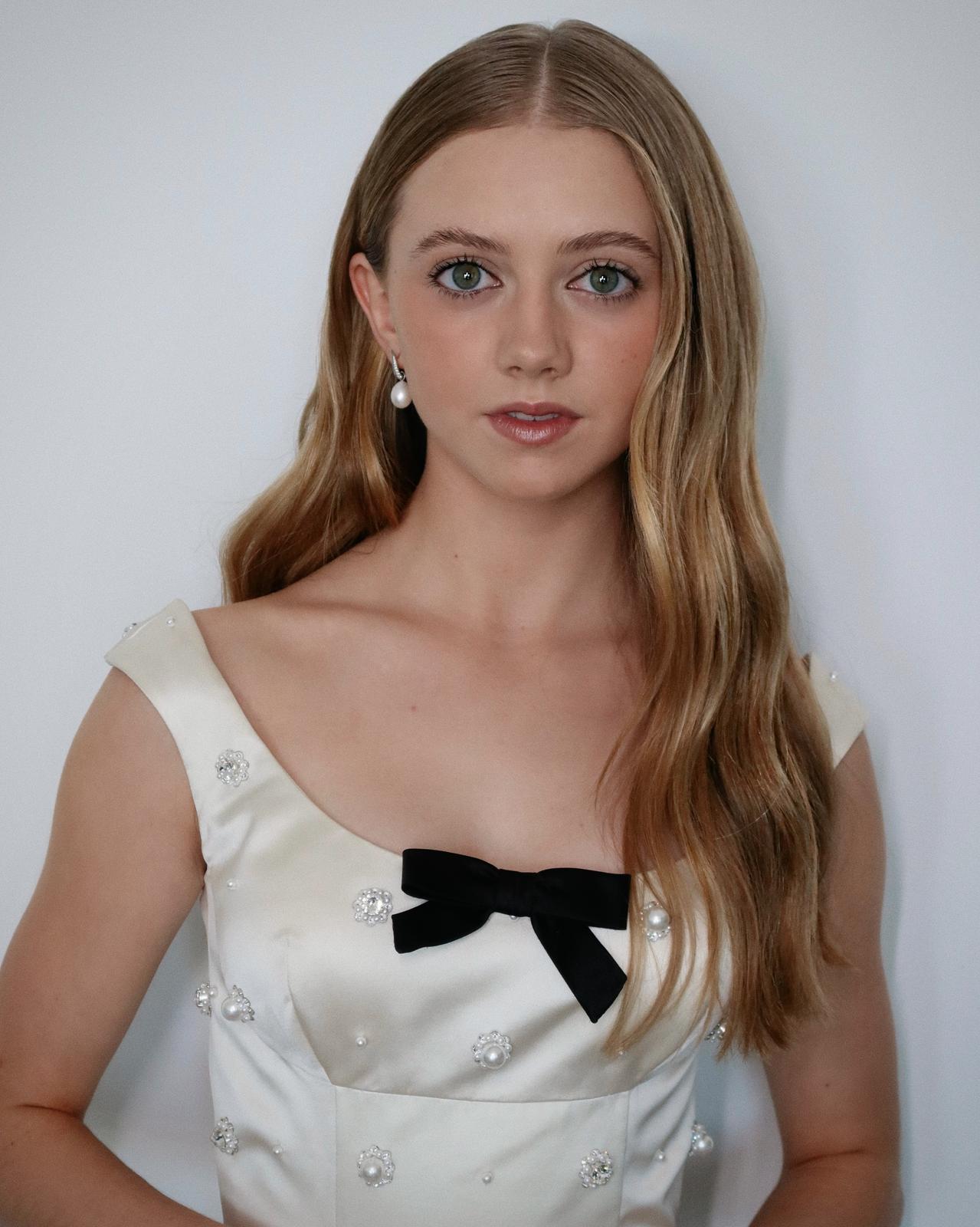 Evie Templeton wears Miu Miu to promote "Victorian Psycho" at the 2026 Cannes Film Festival.