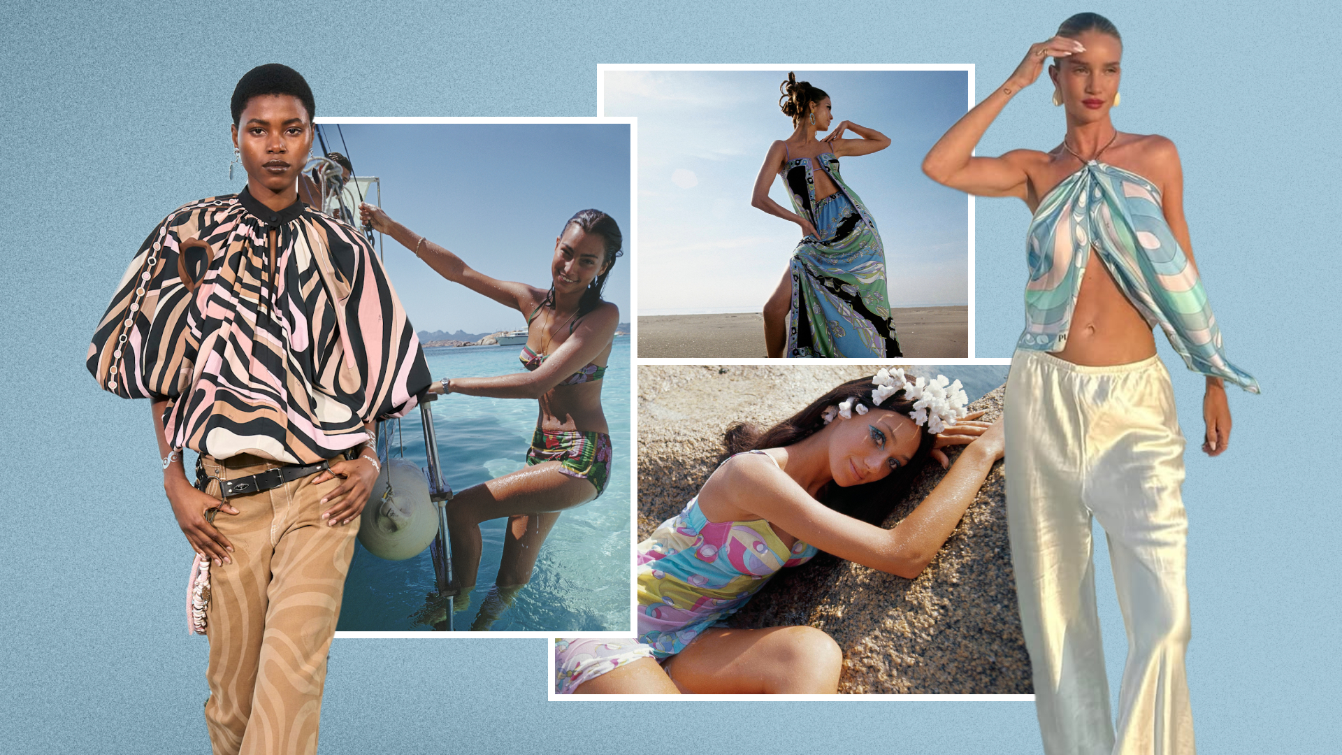 a collage of Emilio Pucci prints and women wearing bright Pucci prints
