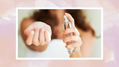 A close up of a woman with curly hair and wearing a towel, spraying perfume onto her wrist/ in an orange and purple watercolour template