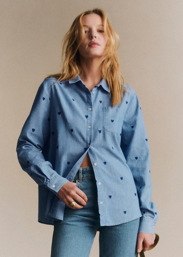 Tomboy Shirt - Chambray With Embroidered Navy Hearts - Organic Cotton - Organic Textile - S&amp;eacute;zane