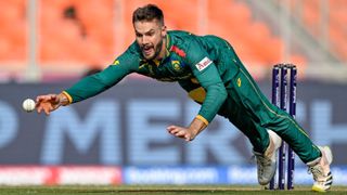 South Africa's Aiden Markram dives to field the ball ahead of the start of the South Africa vs Australia live stream for the ICC Men's Cricket World Cup semi-final 2