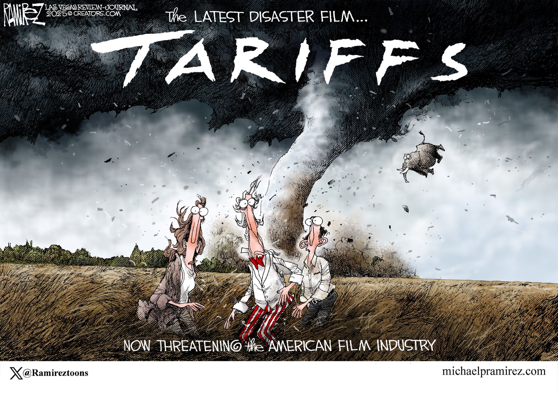 
                                This political cartoon depicts a movie poster titled &quot;TARIFFS&quot; in large, dramatic lettering, set against a dark and stormy sky with a swirling tornado in the background. Three figures are caught in the wind and debris below the tornado, looking upwards with expressions of shock and fear. Smaller text at the bottom reads &quot;NOW THREATENING the AMERICAN FILM INDUSTRY.&quot; 
                            
