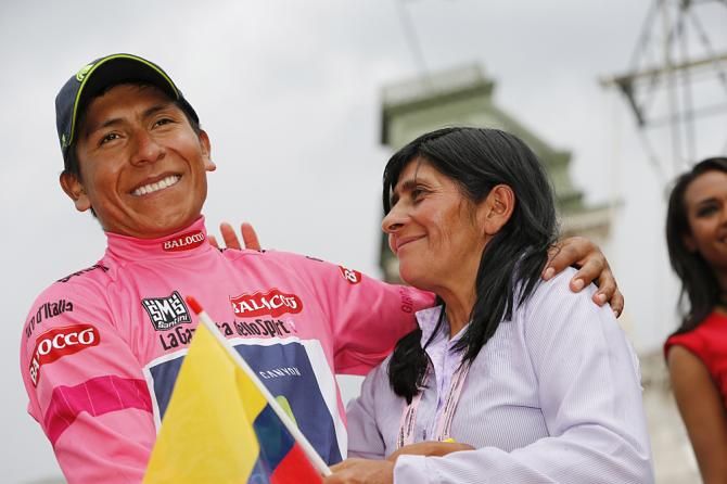 Nairo Quintana was joined by his mother at the finish of the Giro d'Italia in 2014