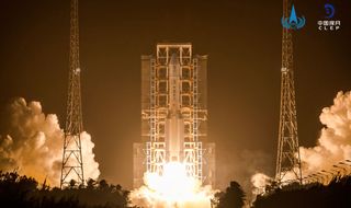 A Chinese Long March 5 rocket launches the Chang'e 5 moon sample-return mission into orbit from the Wenchang Spacecraft Launch Site on Hainan Island in southern China on Nov. 24, 2020 Beijing time (Nov. 23 EST).