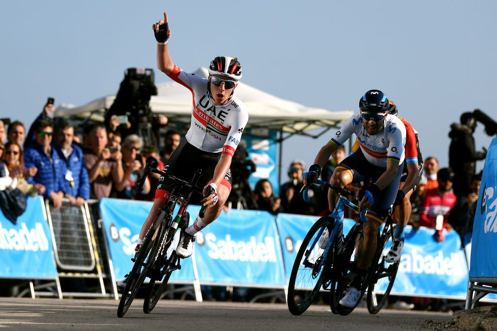 CULLERA SPAIN FEBRUARY 06 Arrival Tadej Pogacar of Slovenia and UAE Team Emirates Celebration Alejandro Valverde of Spain and Movistar Team Dylan Teuns of Belgium and Team BahrainMclaren during the 71st Volta a la Comunitat Valenciana 2020 Stage 2 a 181km stage from Torrent to Cullera 181m VueltaCV VCV2020 on February 06 2020 in Cullera Spain Photo by David RamosGetty Images