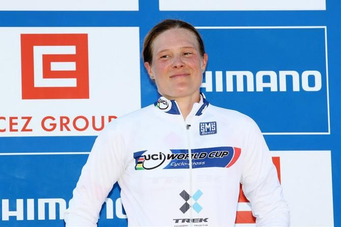 Katie Compton (Trek Cyclocross Collective) looks pleased to once again be in the lead of the World Cup