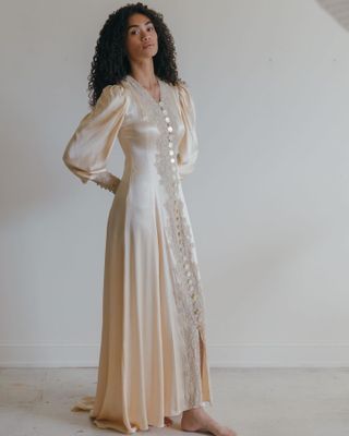 Vintage 1930s silk lace trousseau peignoir gown.