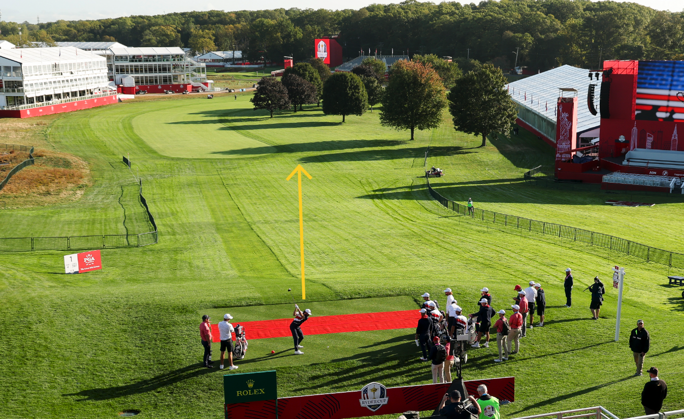 Cameron Young tees off the 1st at Bethpage in practice for the 2025 Ryder Cup