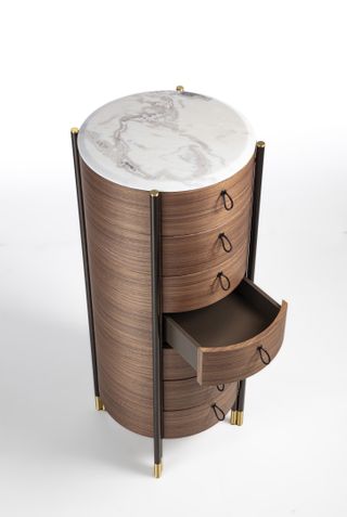 Milan Design Week Porada Bayus Tondo 7 drawer rounded chest in wood with light grey marble top