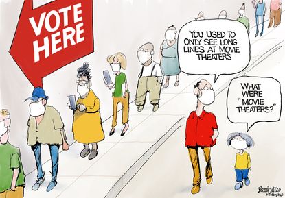 Editorial Cartoon U.S. voting lines COVID movie theaters