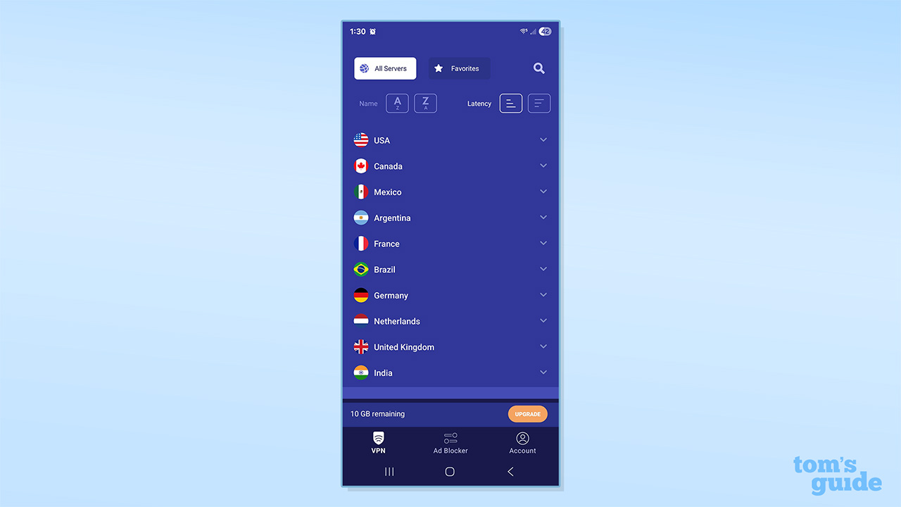 PrivadoVPN Free's server selection, showing servers in Canada, Mexico, France, Brazil, Germany, Argentina, India, the Netherlands, the United Kingdom, and the United States