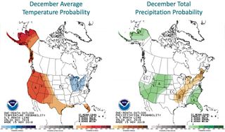 The December 2018 outlook for average temperature (left) and precipitation (right).