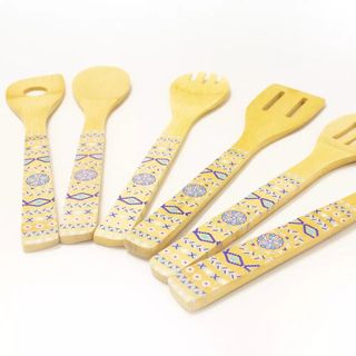 blue and purple handle pattern bamboo kitchen utensils