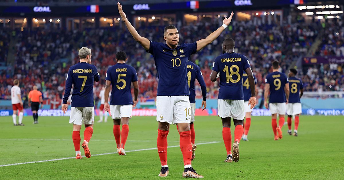 Kylian Mbappe of France celebrates after scoring their team&#039;s first goal during the FIFA World Cup Qatar 2022 Group D match between France and Denmark at Stadium 974 on November 26, 2022 in Doha, Qatar. 