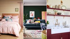 Three picture collage. A baby pink bed with pink and blue pillows and a white throw, yellow patterned wallpaper, and dusky pink curtain drapes, a dark green living area with a navy blue couch with colorful throw pillows and throws, a floral patterned blue, pink, and cream rug, and a screen with red wavy panels and yellow bars, and a burgundy kitchen sink unit with a white basin and gold taps with two long burgundy shelves above it with plates, vases, glasses and plants on top