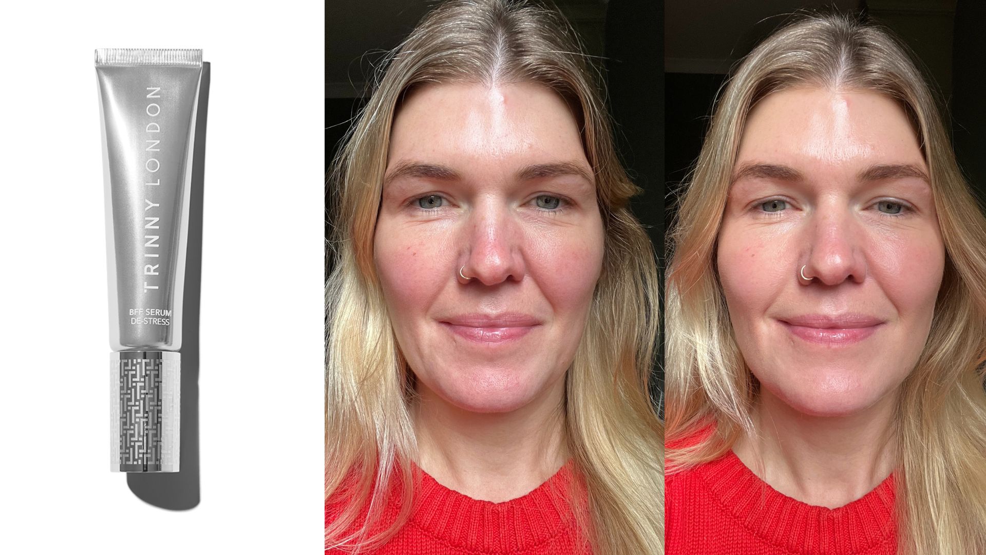 an image of Trinny London BFF De Stress foundation next to Fiona McKim pictured before and after applying the foundation