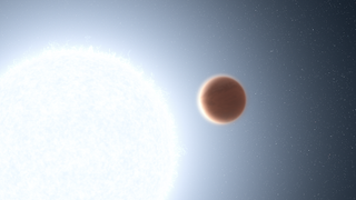 An artist's depiction of the planet KELT-20b orbiting its blue-white star.