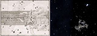The constellation Taurus from Johann Bayer's "Uranometria" star atlas, published in 1603. The brighter stars have more elaborate symbols. The Milky Way flows from lower left to upper right, and the ecliptic is the broad band running left to right through the bull. At right is shown the Inuit's traditional interpretation of the same stars: a polar bear (the star Aldebaran) being harried by a pack of sled dogs. At top, the Pleiades are called the breastbone.